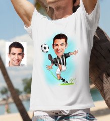 Kişiye Özel Bay Siyah Beyaz Futbolcu Karikatür Beyaz Tişört - 1