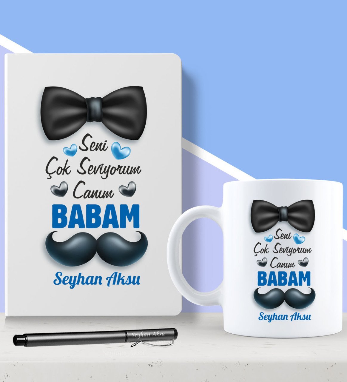 Kişiye Özel Canım Babam Tasarımlı Beyaz Defter Kalem ve Kupa Seti-1