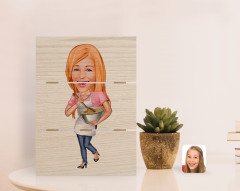 Kişiye Özel Kadın Chef Karikatürlü Otantik Masaüstü Ahşap Palet Çerçeve