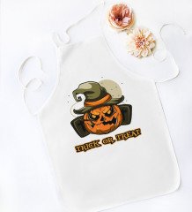BK Gift Halloween Trick or Treat Tasarımlı Beyaz Mutfak Önlüğü-1