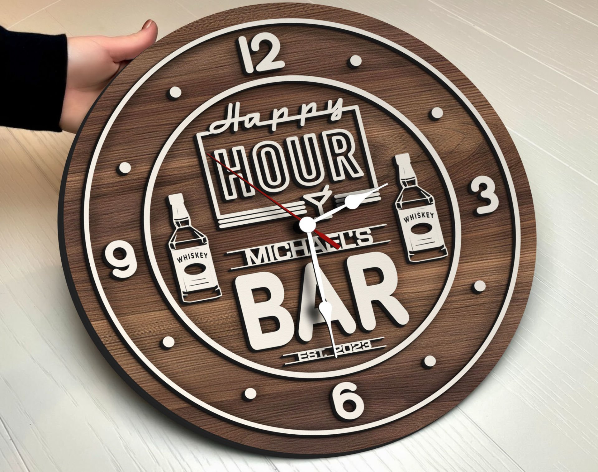 BK Gift Barlara Özel Dekoratif Ceviz Ahşap Duvar Saati 35cm-11 , Bar Duvar Saati , Cafe Duvar Saati , Özel Ahşap Saat