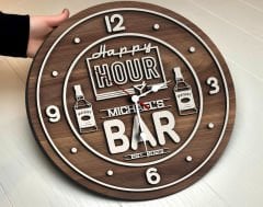 BK Gift Barlara Özel Dekoratif Ceviz Ahşap Duvar Saati 35cm-11 , Bar Duvar Saati , Cafe Duvar Saati , Özel Ahşap Saat