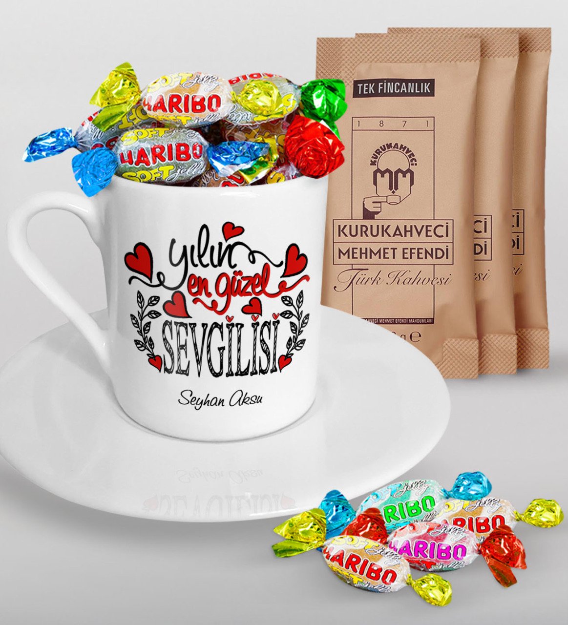 Kişiye Özel Yılın En Güzel Sevgilisi Türk Kahvesi Fincanı Mehmet Efendi Kahve ve Haribo Şeker Hediye Seti