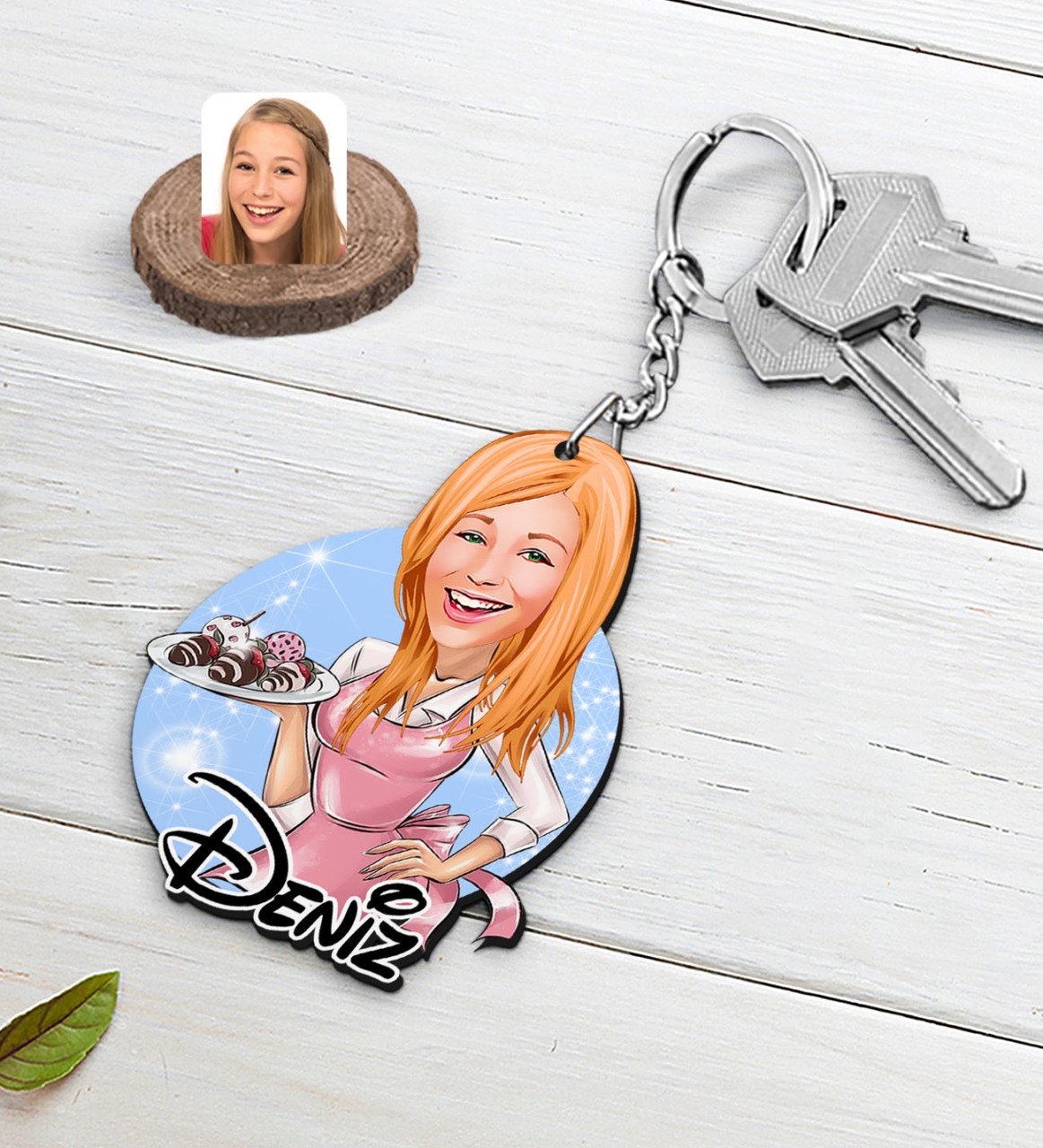 Kişiye Özel Kadın Aşçı Karikatürlü Ahşap Anahtarlık-4