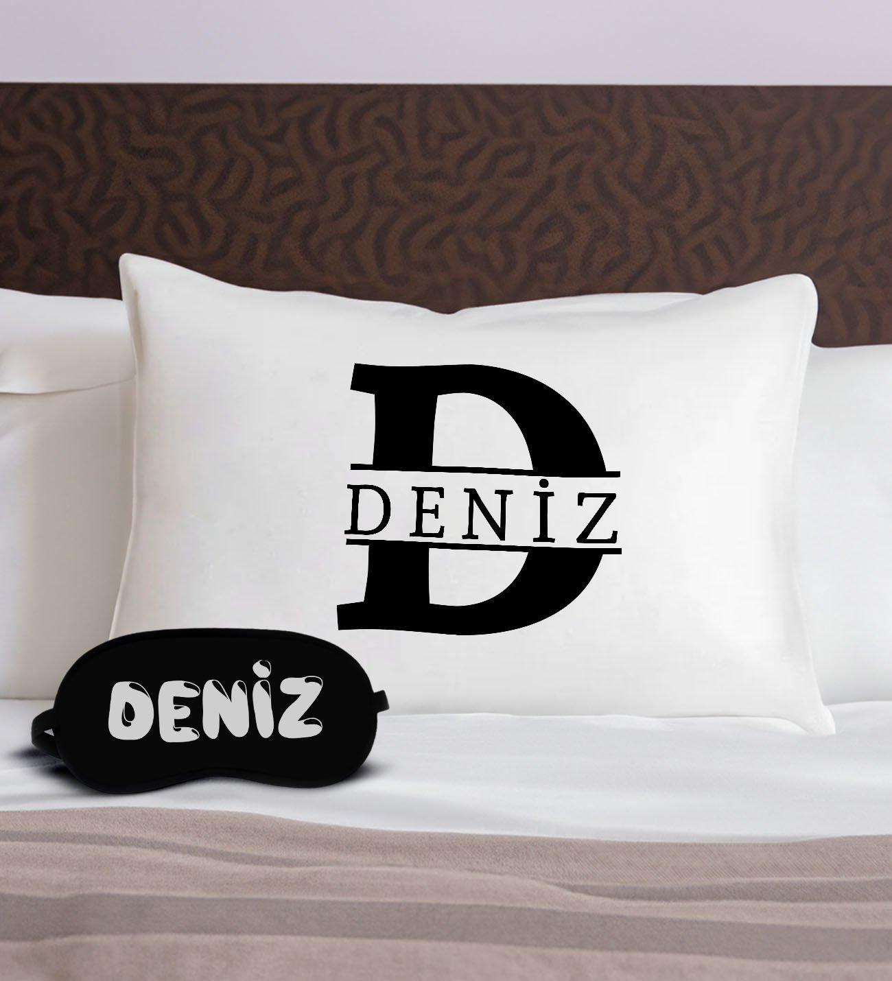 BK Gift Kişiye Özel İsimli Pamuklu Yastık Kılıfı ve Göz Bandı Uyku Seti-3, Tasarım Ev Tekstili, Uyku Bandı, Ev Hediyesi