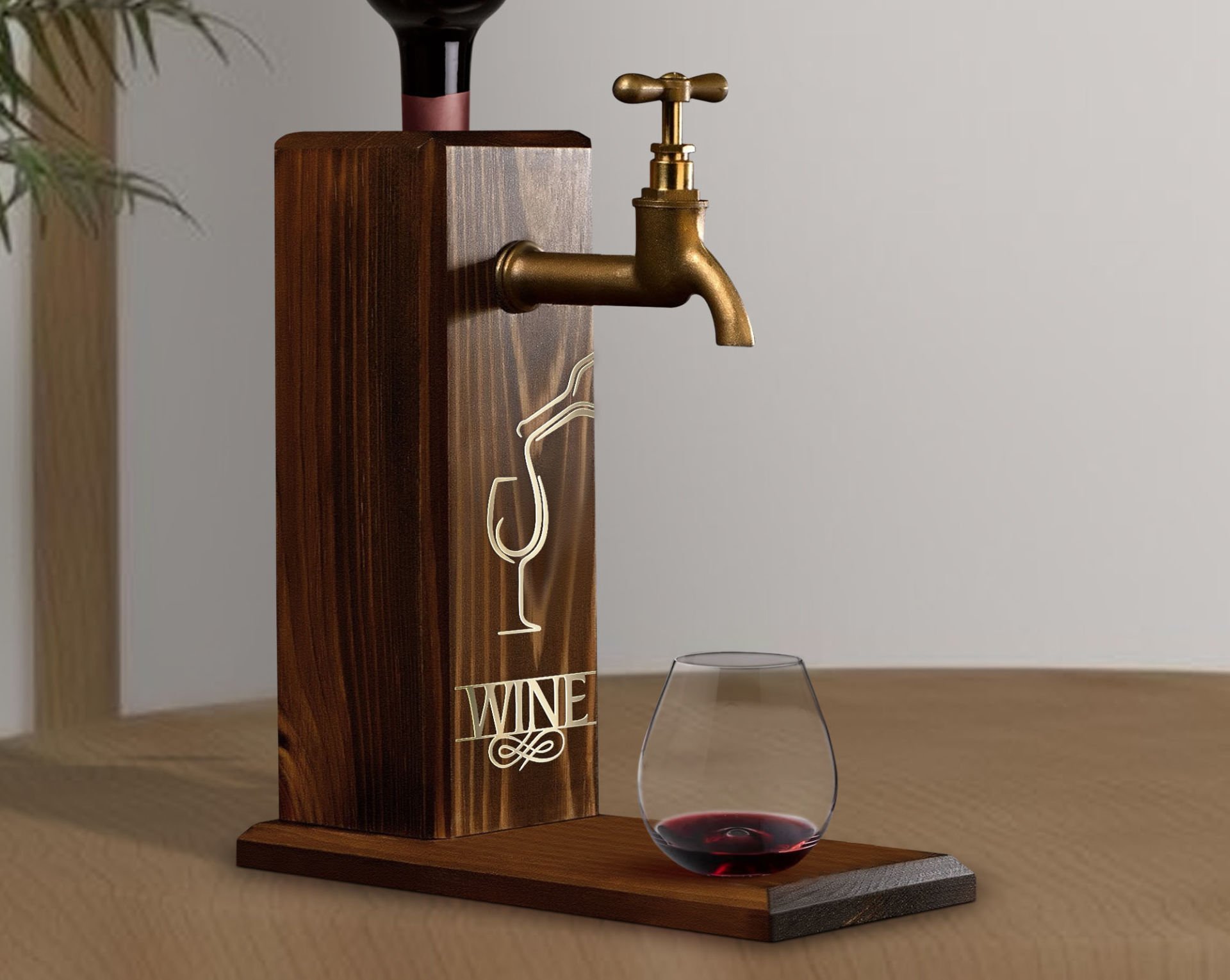 BK Gift Aynalı Altın Kabartma Musluklu Doğal Ceviz Ahşap Şarap Standı, Home Bar, İçecek Dispenseri, Ahşap İçecek Çeşmesi-3