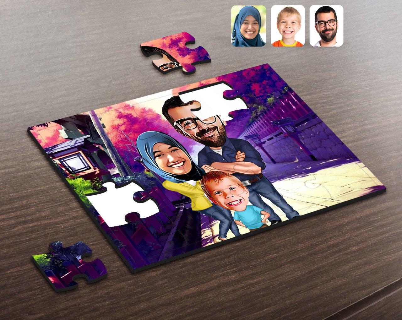 Kişiye Özel Tesettürlü Aile Karikatürlü Ahşap Puzzle-1