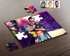 Kişiye Özel Tesettürlü Aile Karikatürlü Ahşap Puzzle-1