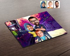 Kişiye Özel Tesettürlü Aile Karikatürlü Ahşap Puzzle-1