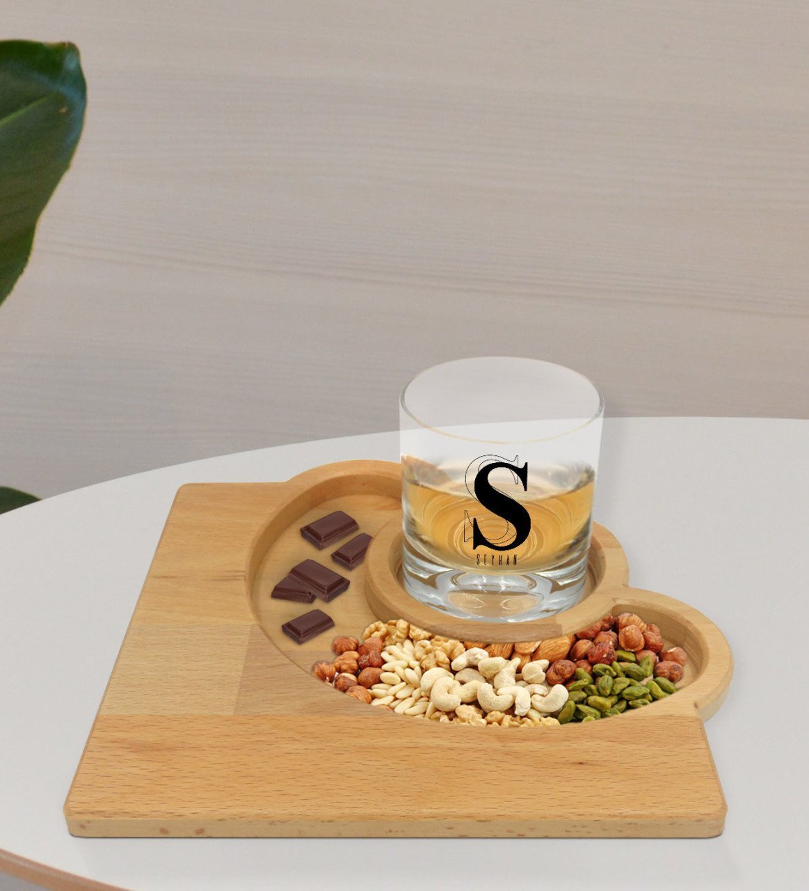 Kişiye Özel İsimli Viski Bardağı ve Doğal Masif Ahşap Yarım Ay Sunum Tabağı Çerezlik Hediye Seti-34