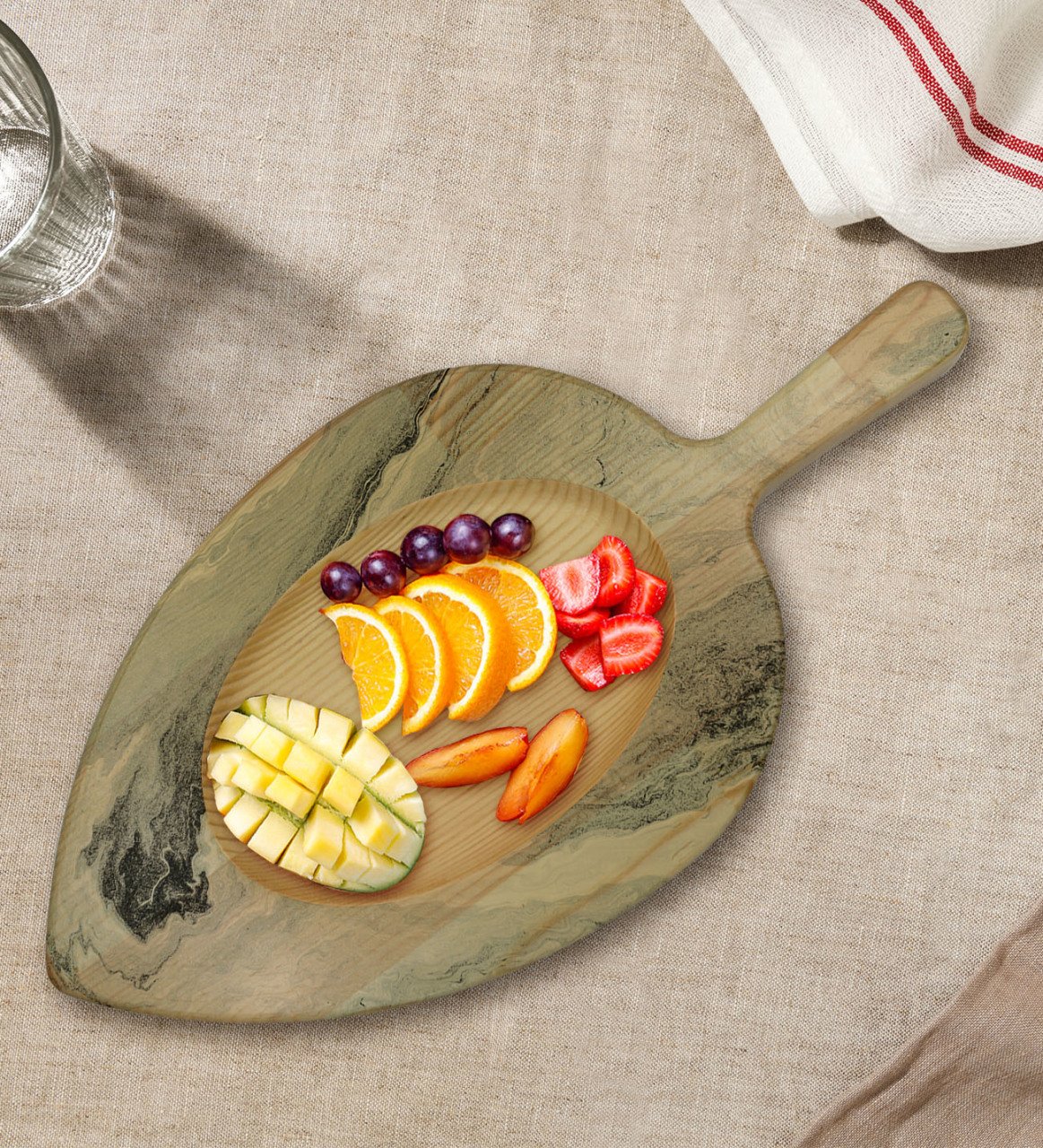 BK Gift Mermer Tasarımlı Yaprak Şeklinde Doğal Ahşap Servis ve Sunum Tabağı Model 15