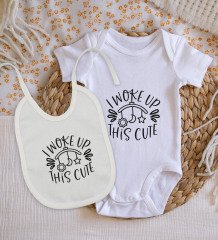 BK Kids I Woke Up This Cute Tasarımlı Bebek Body Zıbın ve Mama Önlüğü Hediye Seti - Model 1