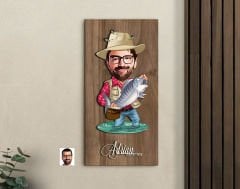 BK Gift Kişiye Özel Balıkçı Karikatürlü Kabartma Figürlü Ahşap Tablo-3, Arkadaşa Hediye, Sevgiliye Hediye, Duvar Dekoru