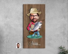 BK Gift Kişiye Özel Balıkçı Karikatürlü Kabartma Figürlü Ahşap Tablo-3, Arkadaşa Hediye, Sevgiliye Hediye, Duvar Dekoru