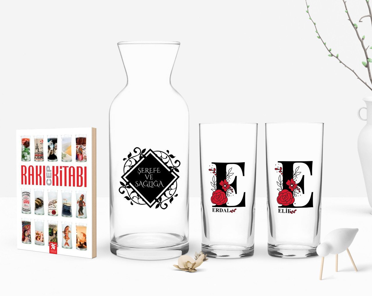 Kişiye Özel Renkli Baskılı Harfli İkili Rakı Bardağı Karaf ve Cep Kitabı Hediye Seti-6