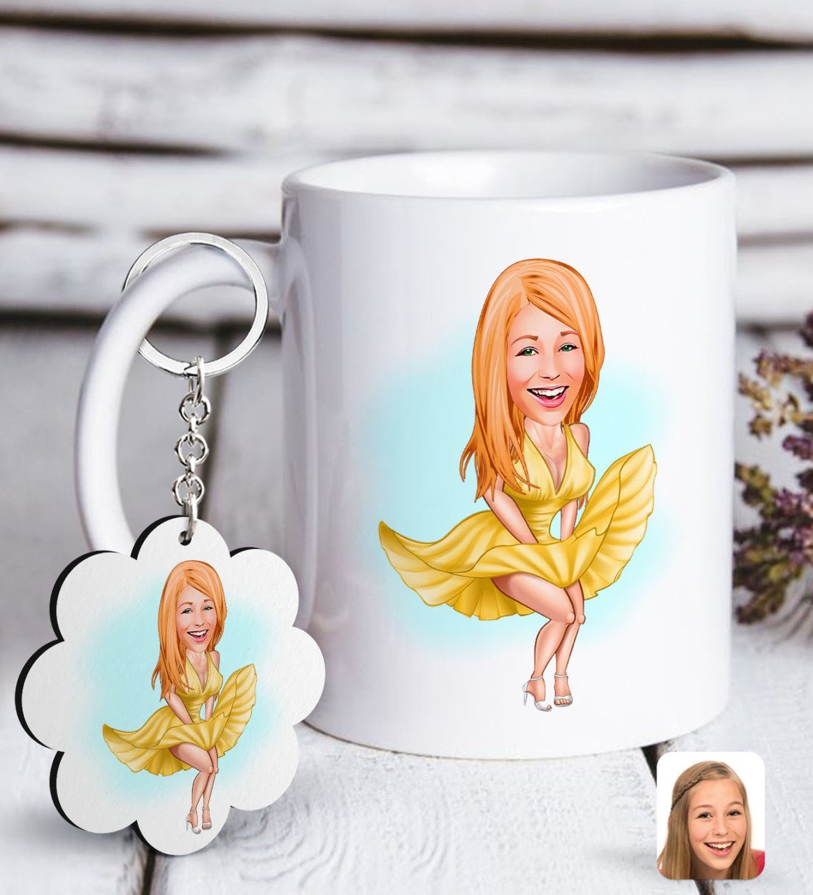 Kişiye Özel Marilyn Monroe Karikatürlü Beyaz Kupa ve Anahtarlık Hediye Seti