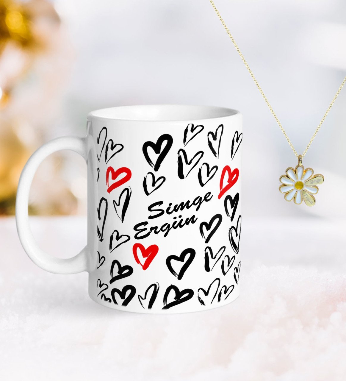 Kişiye Özel Sevgililer Günü Kupa ve Çift İsimli Papatya Kolye-64