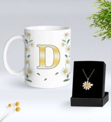 BK Gift Kişiye Özel Papatya Temalı Hediye Seti-2 | Kolye, Mum, Beyaz Kupa, Not Kartı ve Özel Kutulu Sevgiliye Hediye, Arkadaşa Hediye
