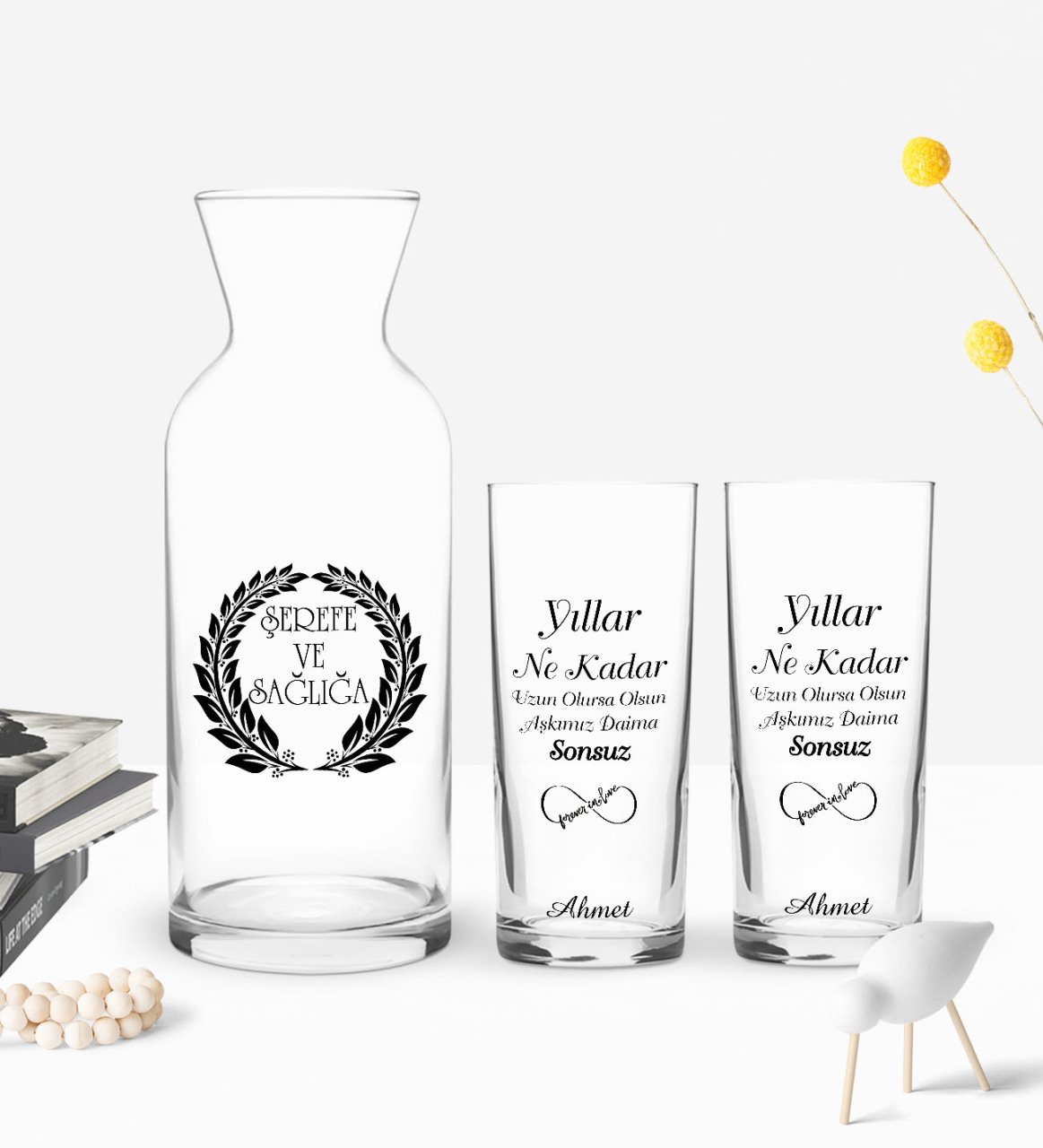 Kişiye Özel Renkli Baskılı Aşkımız Daima Sonsuz Tasarımlı İkili Rakı Bardağı ve Karaf Hediye Seti-1