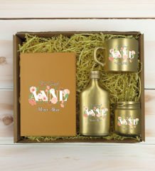 BK Gift Kişiye Özel İsimli DTF Anne Temalı Gold Defter & Kahve Fincanı & Kolonya & Mum Hediye Seti-4, Anneye Hediye, Anneler Günü Hediyesi