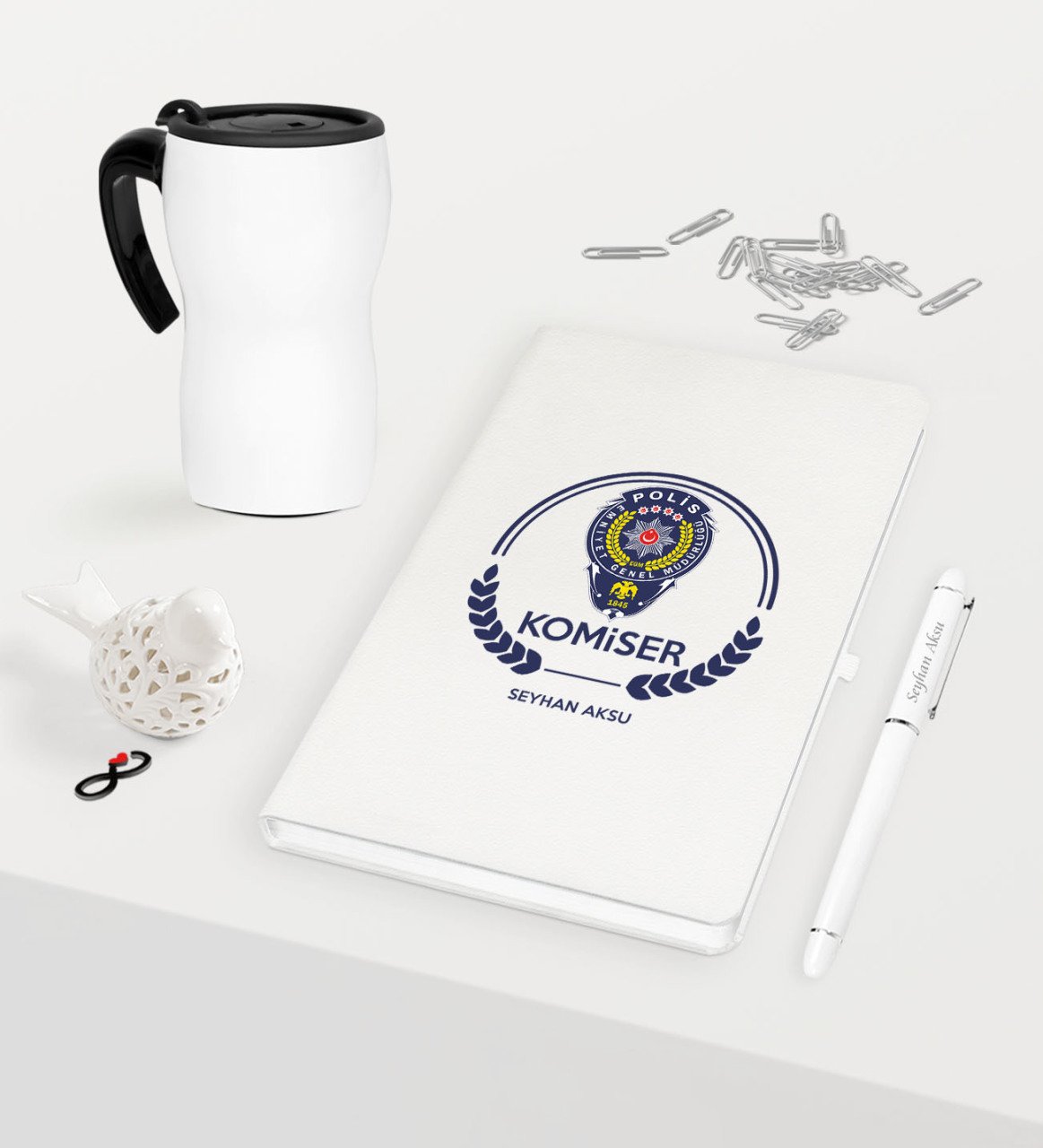 Kişiye Özel Komiser Temalı Beyaz Defter Kalem Termos Mug Seti - 2