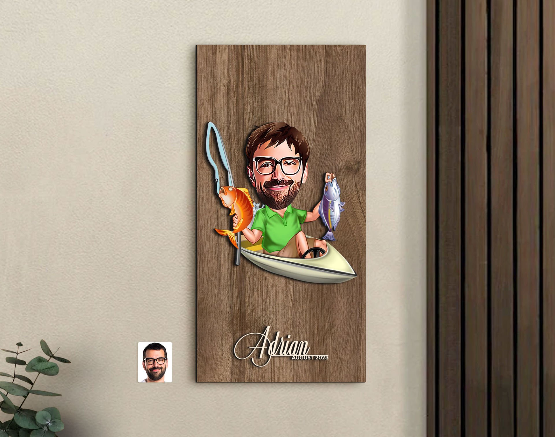 BK Gift Kişiye Özel Balıkçı Karikatürlü Kabartma Figürlü Ahşap Tablo-6, Arkadaşa Hediye, Sevgiliye Hediye, Duvar Dekoru