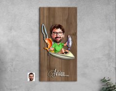 BK Gift Kişiye Özel Balıkçı Karikatürlü Kabartma Figürlü Ahşap Tablo-6, Arkadaşa Hediye, Sevgiliye Hediye, Duvar Dekoru