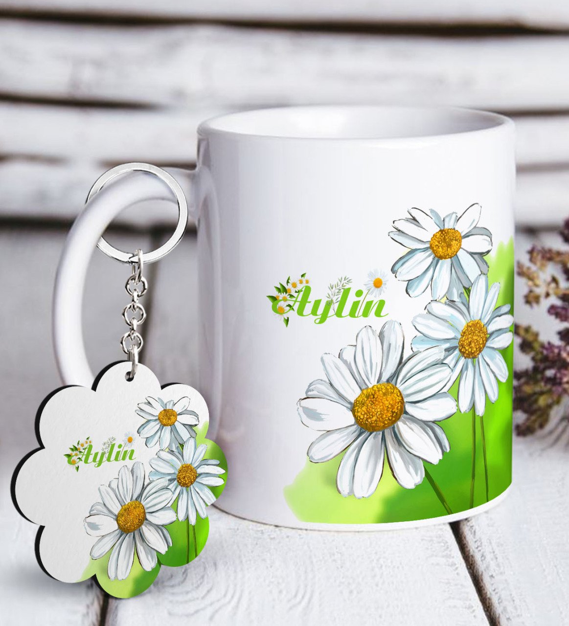 Kişiye Özel Papatya Tasarımlı Beyaz Kupa ve Anahtarlık Hediye Seti-7