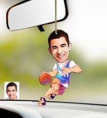 Kişiye Özel Bay Basketbolcu Karikatürlü Ahşap Araba Dikiz Ayna Süsü-2
