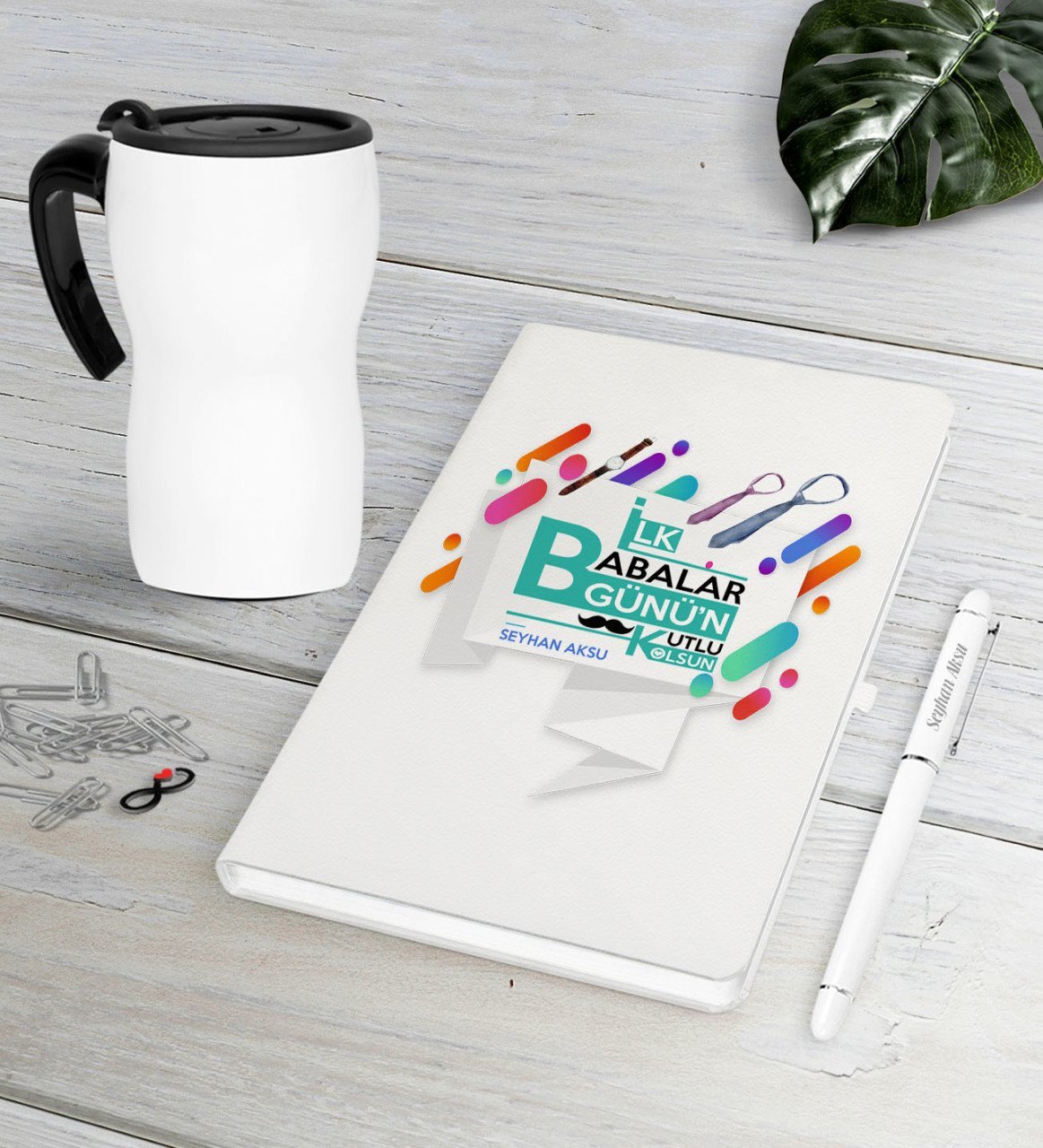 Kişiye Özel İlk Babalar Günün Kutlu Olsun Beyaz Defter Kalem Termos Mug Seti-6