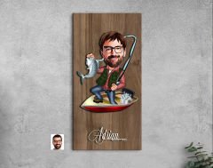 BK Gift Kişiye Özel Balıkçı Karikatürlü Kabartma Figürlü Ahşap Tablo-7, Arkadaşa Hediye, Sevgiliye Hediye, Duvar Dekoru