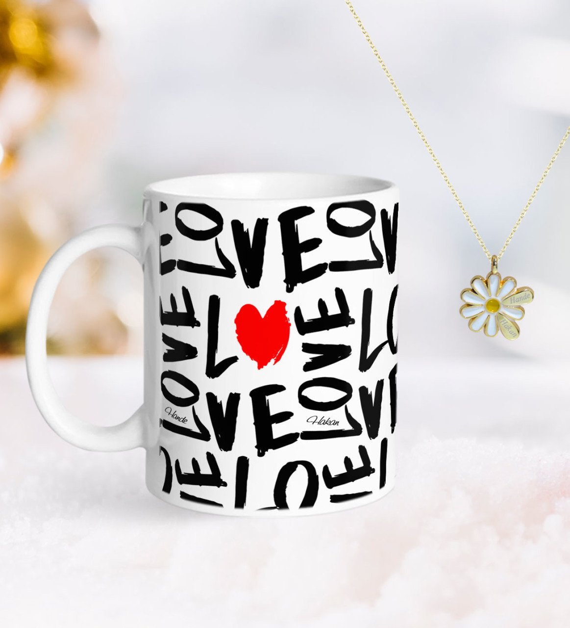 Kişiye Özel Sevgililer Günü Kupa ve Çift İsimli Papatya Kolye-68