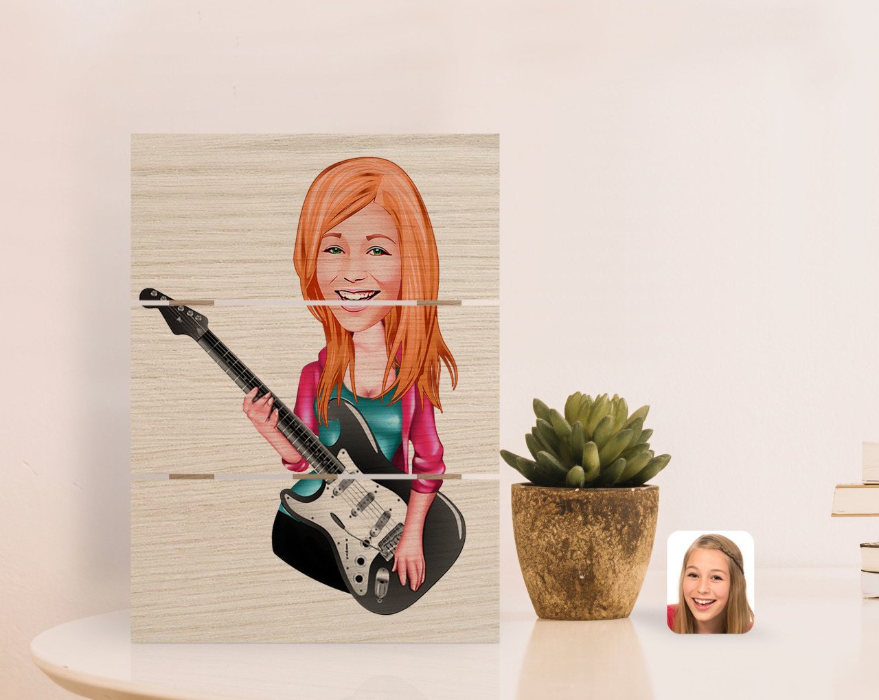 Kişiye Özel Kadın Gitarist Karikatürlü Otantik Masaüstü Ahşap Palet Çerçeve-1