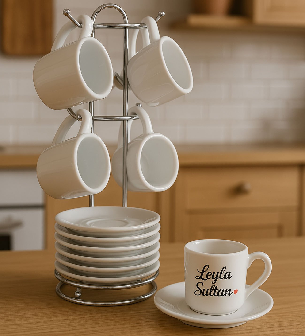 BK Gift Kişiye Özel İsimli Sultan Anne 6'lı Metal Standlı Türk Kahvesi Fincanı, Anneler Günü Hediyesi, Anneye Hediye