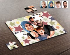 Kişiye Özel Tesettürlü Aile Karikatürlü Ahşap Puzzle-4