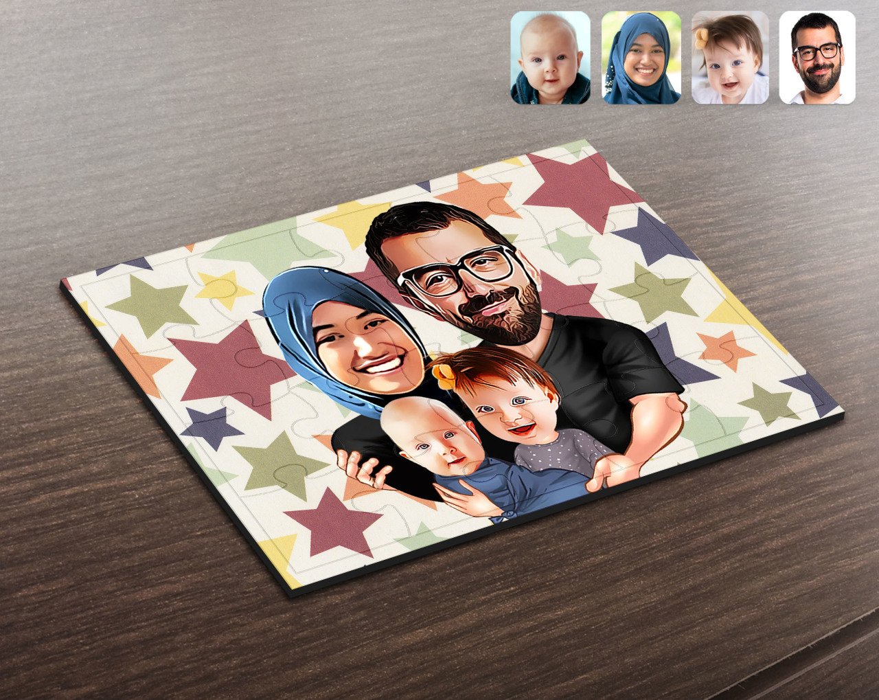 Kişiye Özel Tesettürlü Aile Karikatürlü Ahşap Puzzle-4