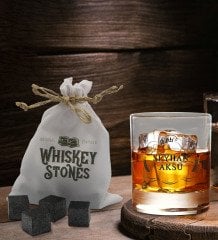 BK Gift Kişiye Özel İsimli Viski Bardağı ve 6'lı Doğal Granit Viski Soğutma Taşı Seti - Model 17