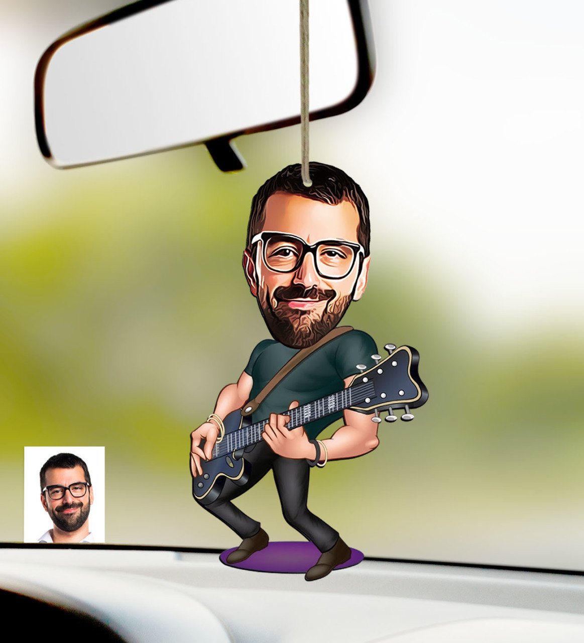 Kişiye Özel Bay Gitarist Karikatürlü Ahşap Araba Dikiz Ayna Süsü-1