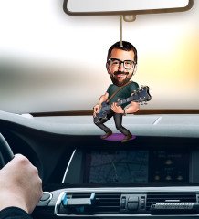 Kişiye Özel Bay Gitarist Karikatürlü Ahşap Araba Dikiz Ayna Süsü-1