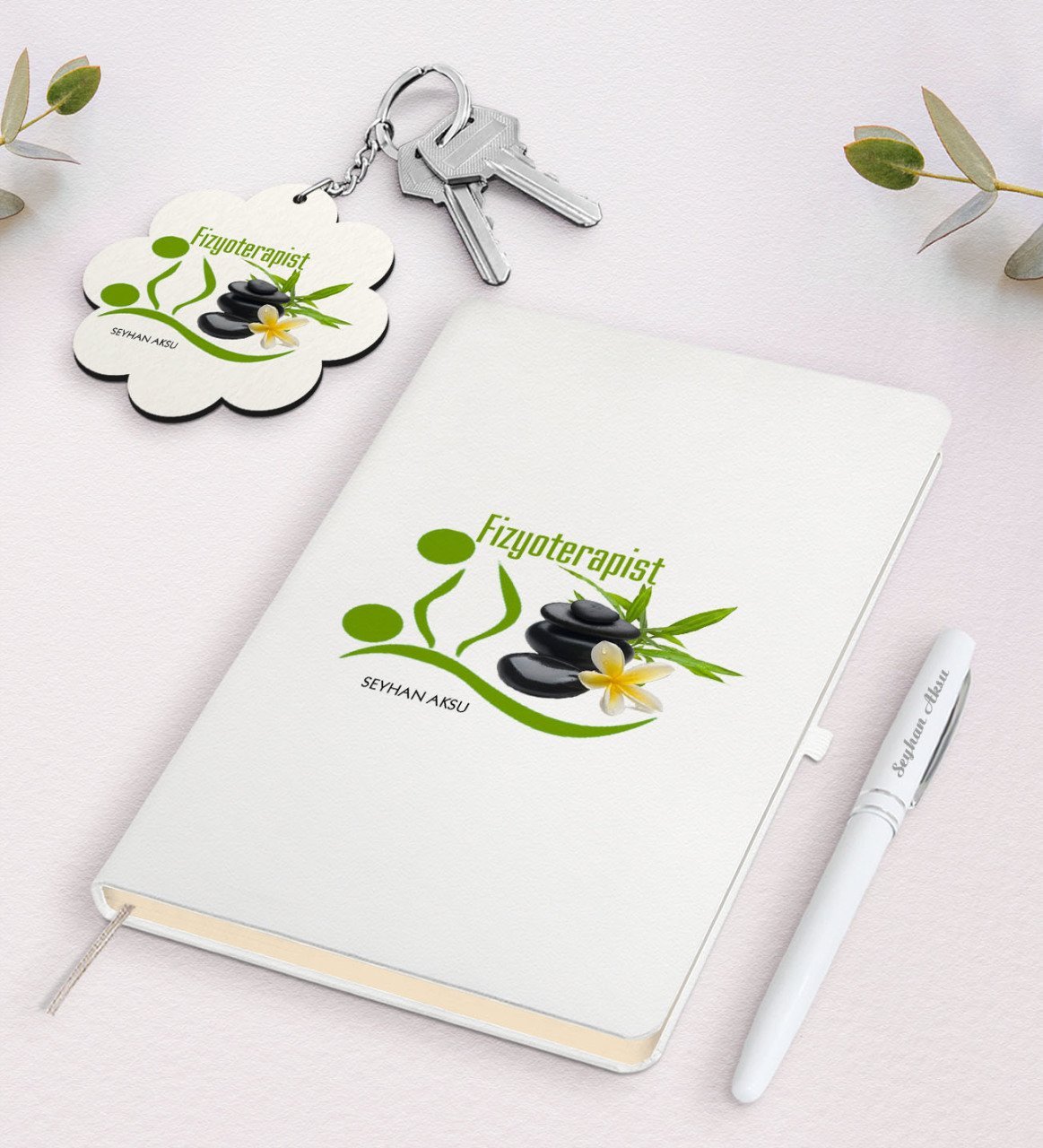 Kişiye Özel Fizyoterapist Beyaz Defter Kalem Ve Anahtarlık Hediye Seti