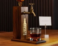 BK Gift Aynalı Altın Kabartma Musluklu Doğal Ceviz Ahşap Viski Standı, Home Bar, İçecek Dispenseri, Ahşap İçecek Çeşmesi-3