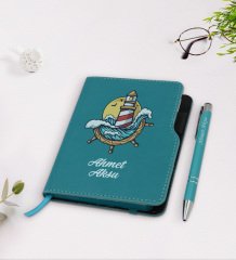 Kişiye Özel Dümen Tasarımlı Turkuaz Termo Deri Defter Kalem Seti-4