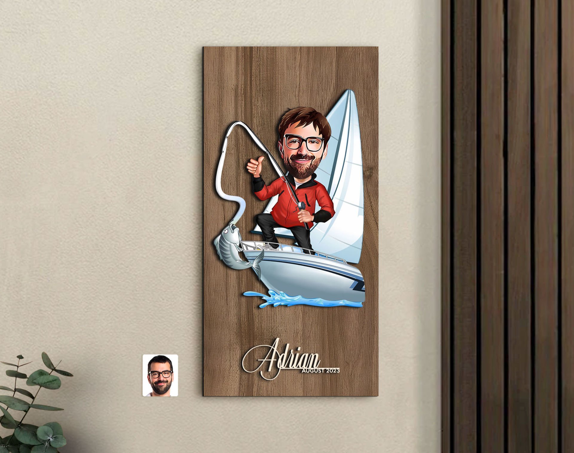 BK Gift Kişiye Özel Balıkçı Karikatürlü Kabartma Figürlü Ahşap Tablo-8, Arkadaşa Hediye, Sevgiliye Hediye, Duvar Dekoru