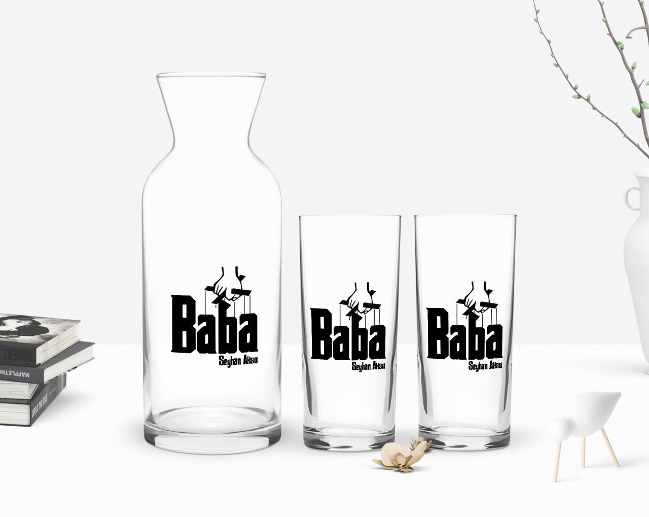 Kişiye Özel Renkli Baskılı Godfather Baba Tasarımlı İkili Rakı Bardağı ve Karaf Hediye Seti-5