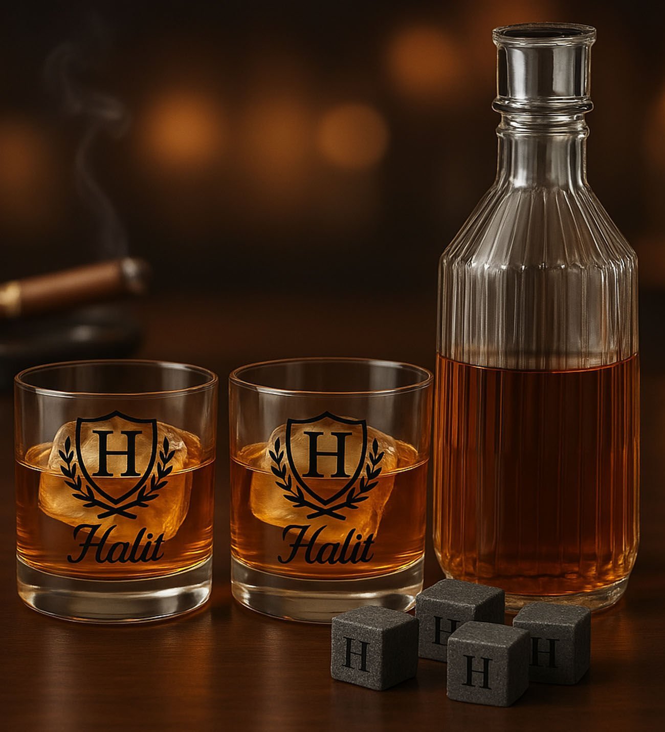 BK Gift Kişiye Özel Baş Harfli İsimli İkili Storsınt Viski Kadehi, Viski Taşı ve Karaf Seti-1, Arkadaşa Hediye, Sevgiliye Hediye