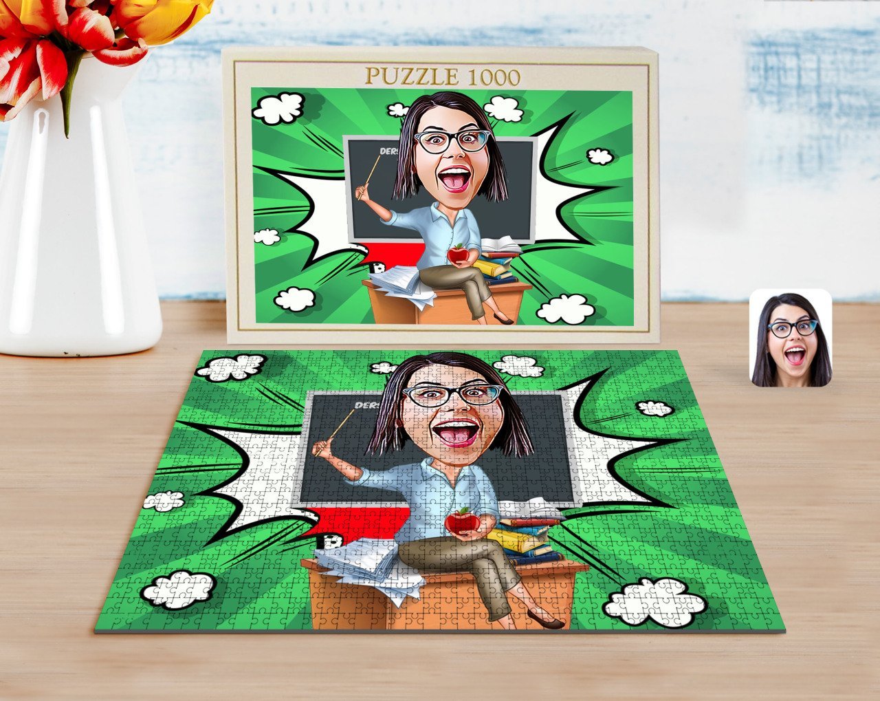 Kişiye Özel Kadın Öğretmen Karikatürlü 1000 Parça Profesyonel Puzzle-2