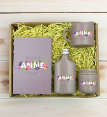 BK Gift Kişiye Özel İsimli DTF Anne Temalı Mat Gri Defter & Kahve Fincanı & Kolonya & Mum Hediye Seti-3, Anneye Hediye, Anneler Günü Hediyesi