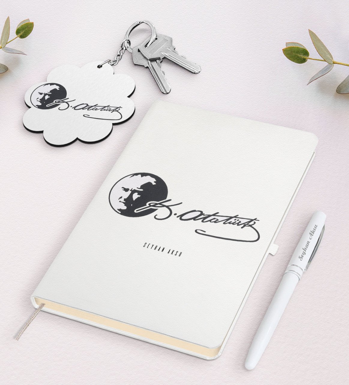 Kişiye Özel Atatürk Temalı Beyaz Defter Kalem ve Anahtarlık Hediye Seti-20