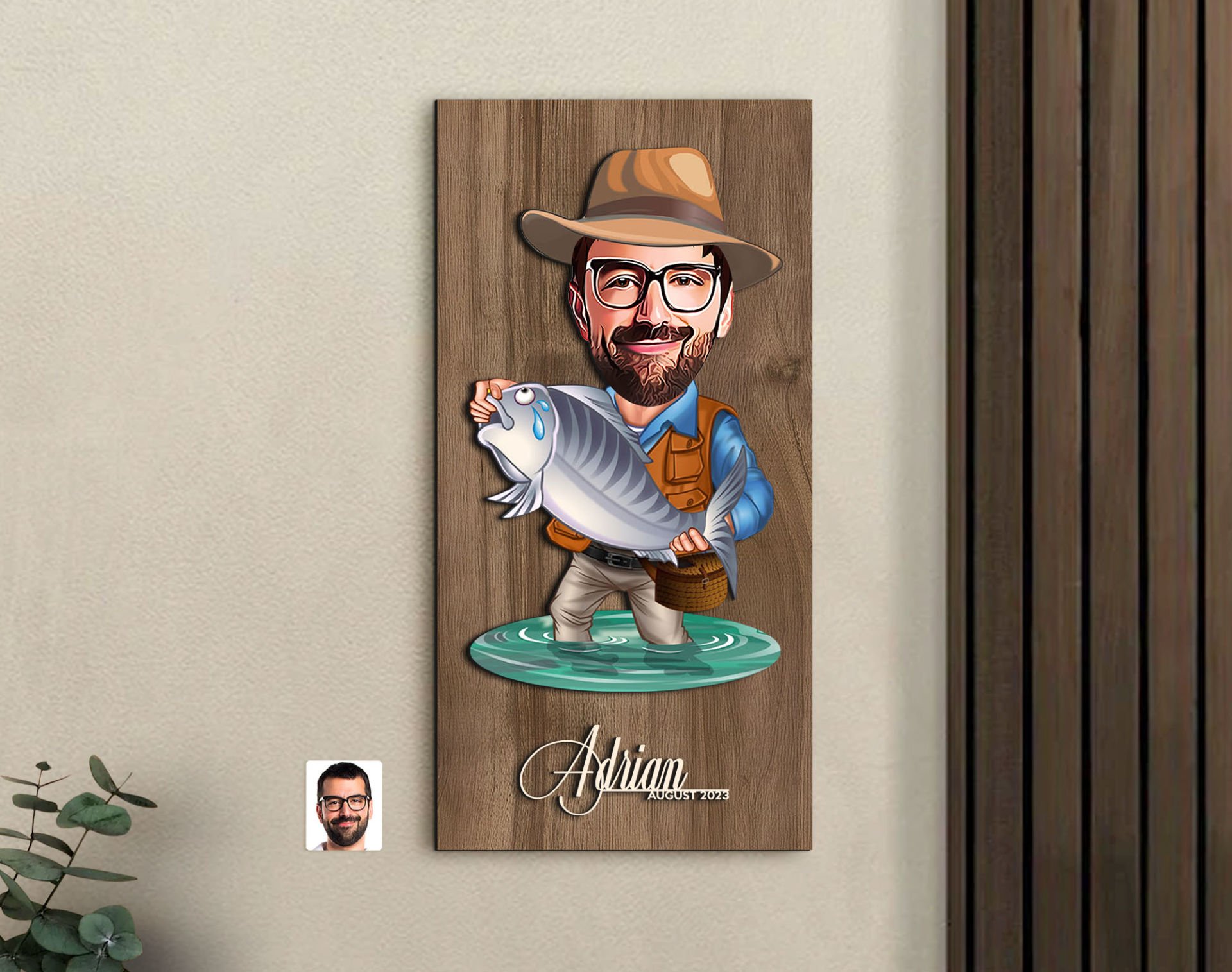 BK Gift Kişiye Özel Balıkçı Karikatürlü Kabartma Figürlü Ahşap Tablo-9, Arkadaşa Hediye, Sevgiliye Hediye, Duvar Dekoru