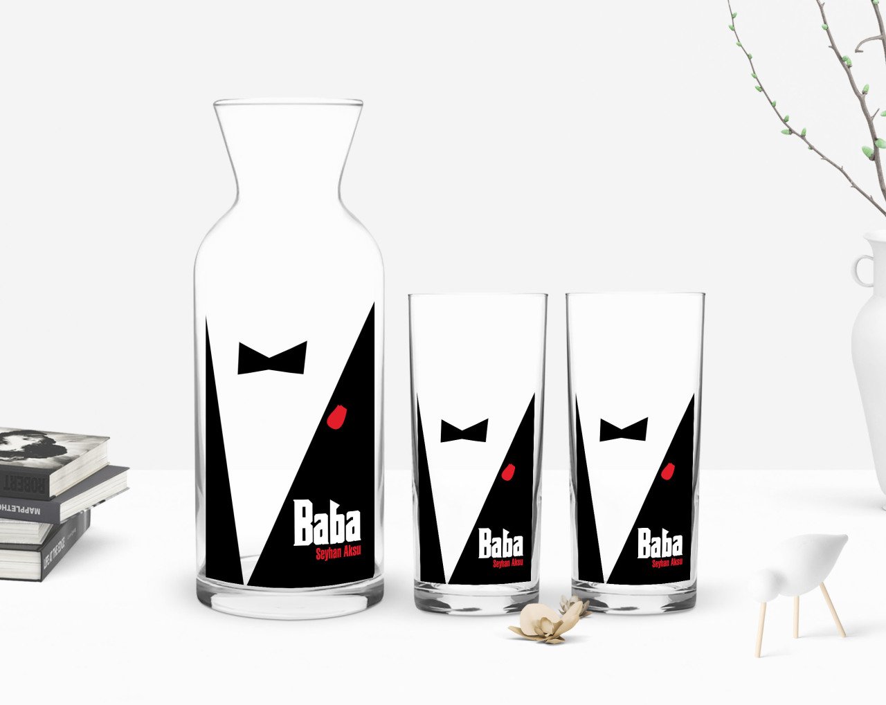 Kişiye Özel Renkli Baskılı Godfather Baba Tasarımlı İkili Rakı Bardağı ve Karaf Hediye Seti-10